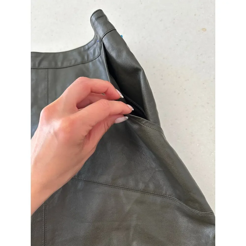 Harper Heritage Faux Leather Mini Skirt XS Olive Green A-Line Zip Back Pockets - Picture 9 of 13